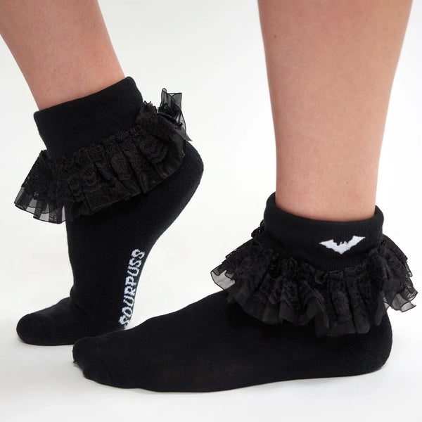 Bat Embroidered Ruffle Socks - Black