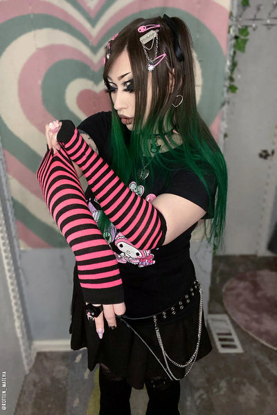 Emo Striped Arm Warmers - Black/Hot Pink