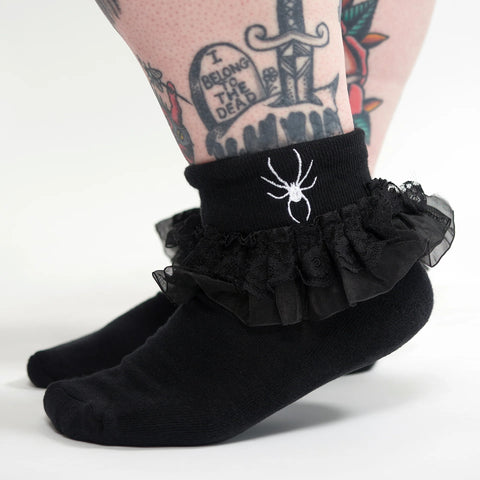 Spider Embroidered Ruffle Socks - Black