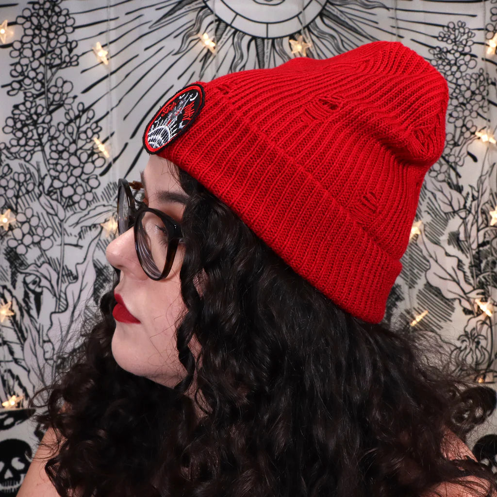 Stay Away - - Distressed Beanie - Red