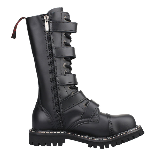 14-Hole 5-Buckle Black Leather Boots