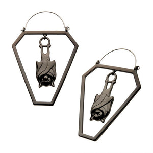 Black Plated Cut Out Bat in Coffin Plug Hoops
