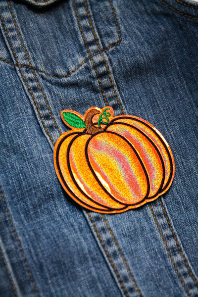 Orange Holographic Pumpkin Embroidered Iron on Patch