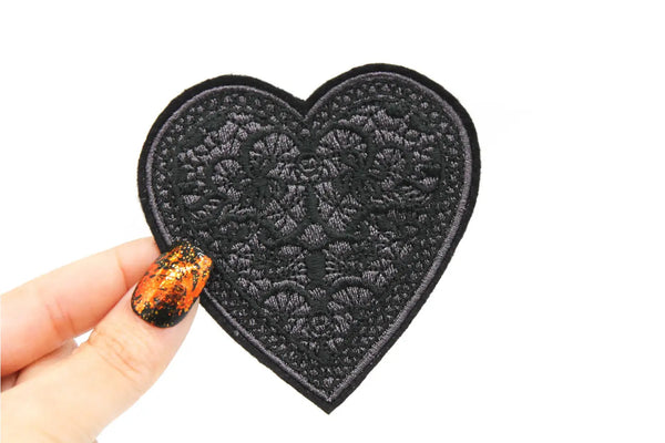 Black Lace Heart Embroidered Iron on Patch