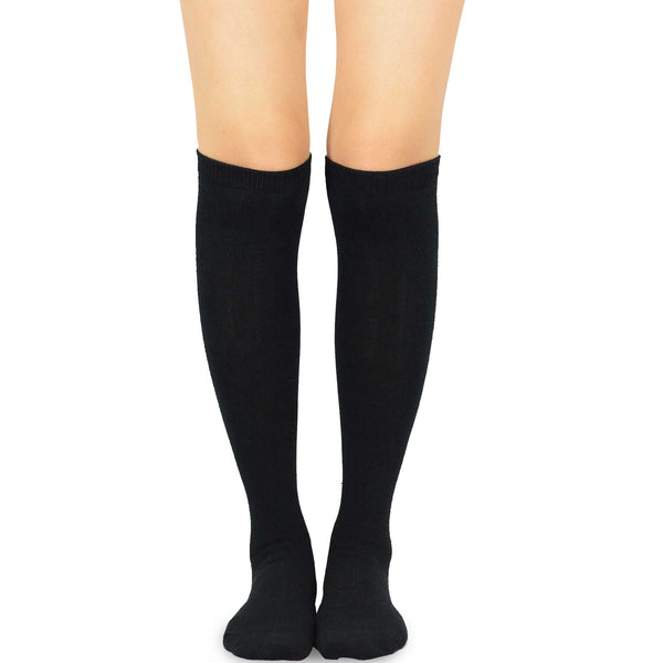 Black Solid Plain Knee High Women's Socks