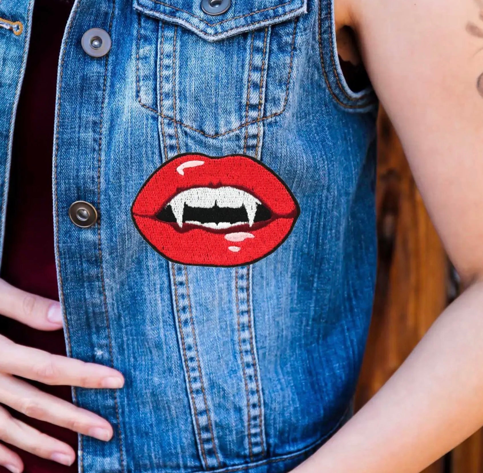 Vampire Kiss Iron On Embroidered Patch - Red and Black