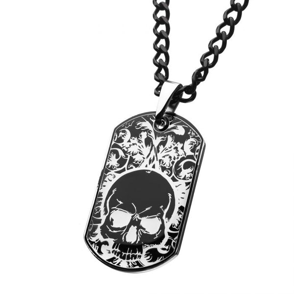 Stainless Steel Black IP Skull Design Dog Tag Pendant and Chain