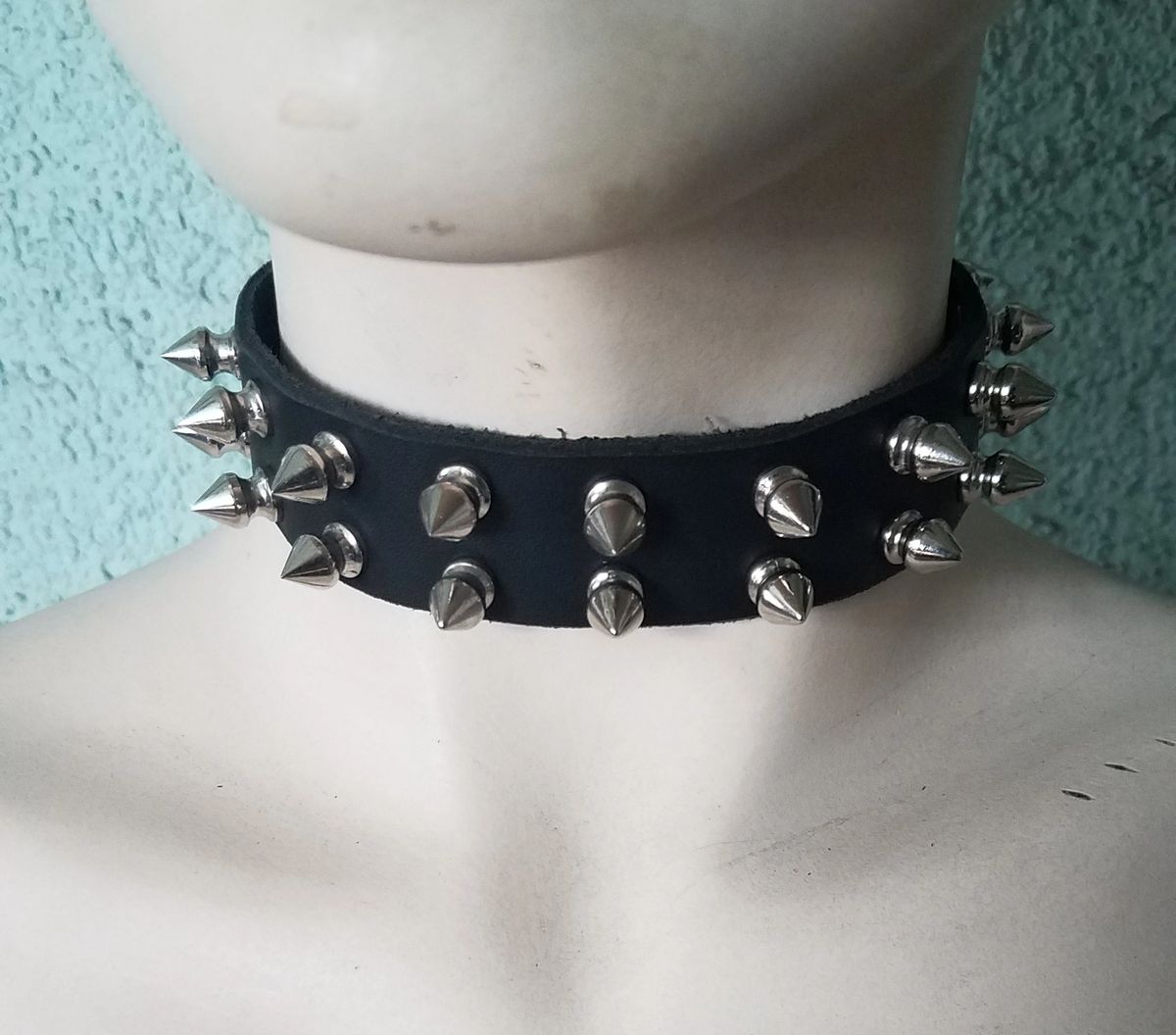 Leather Choker 2 Rows 1/2" Spikes