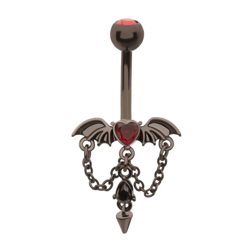 Black PVD Steel Heart Gem Bat Wing Navel with Spike and Chain Dangle