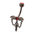 Black PVD Steel Heart Gem Bat Wing Navel with Spike and Chain Dangle