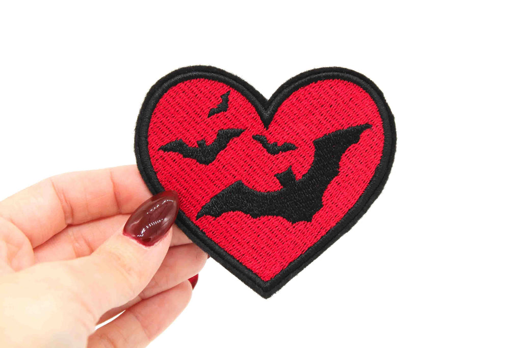 Bats Red Heart Iron On Embroidered Patch