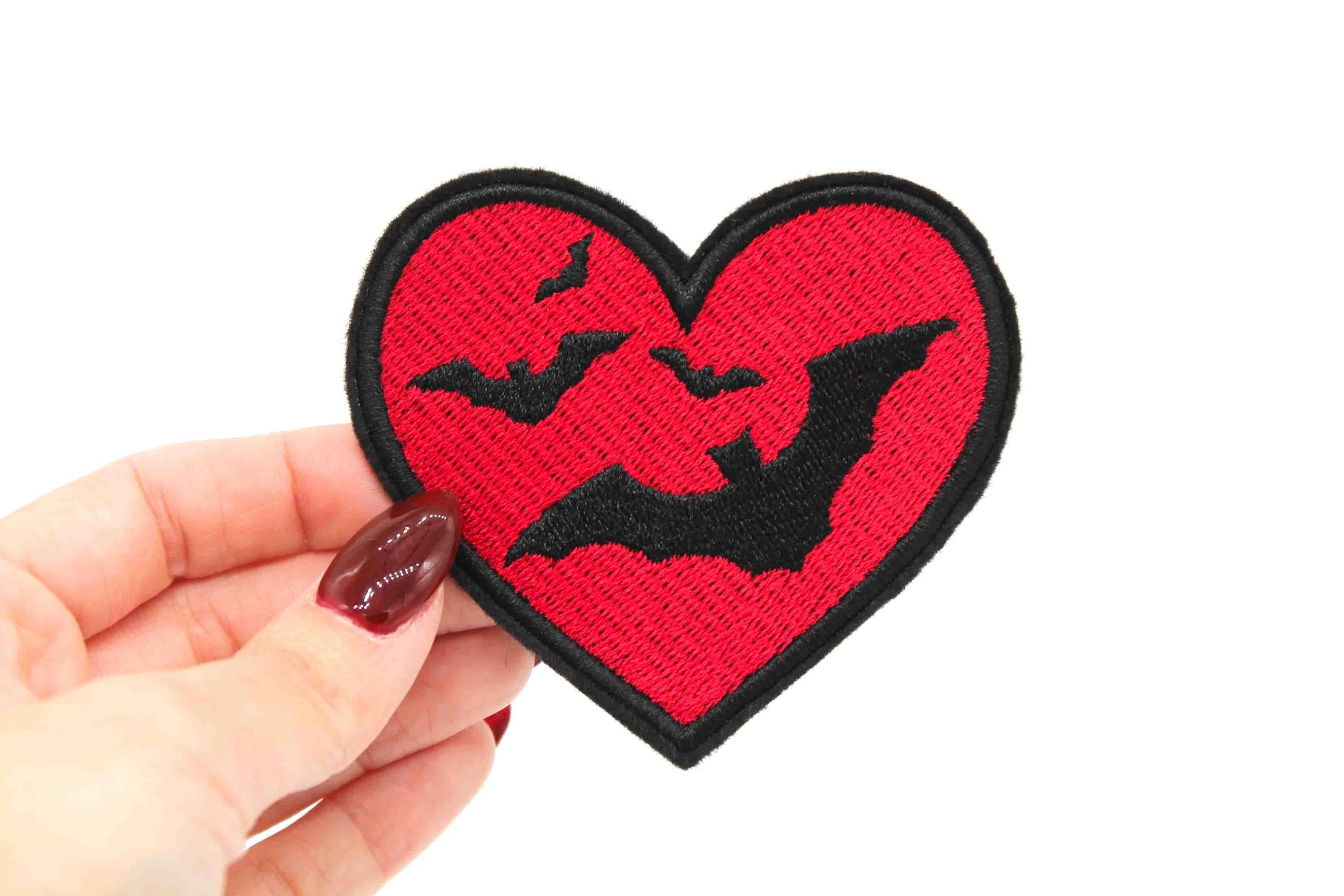 Bats Red Heart Iron On Embroidered Patch
