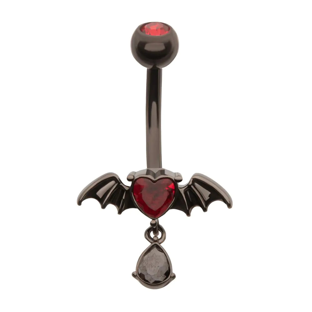 Black PVD Steel Heart Gem Bat Wing Navel with Teardrop Dangle