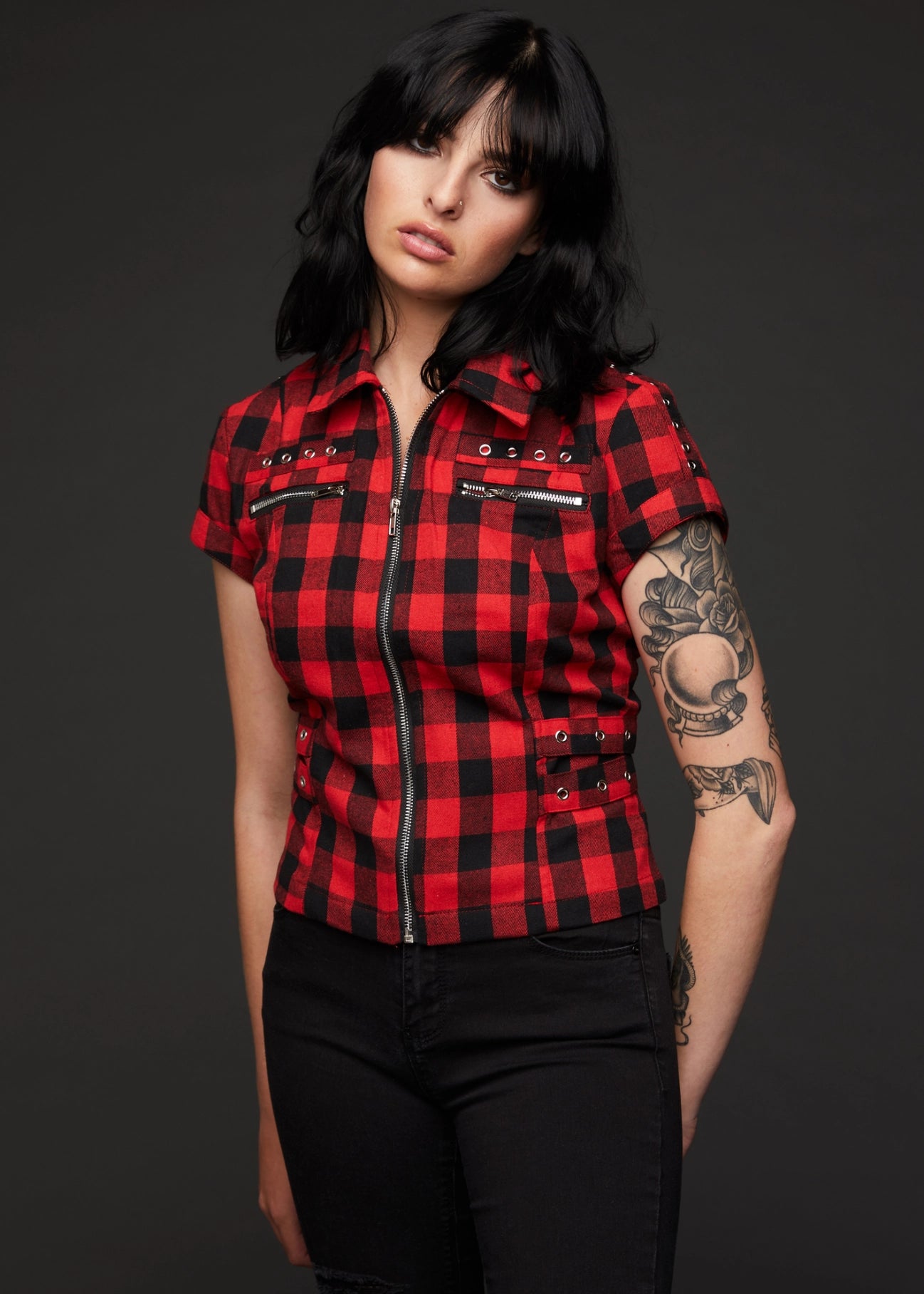 Checkered Short Sleeve Studded Plaid Shirt