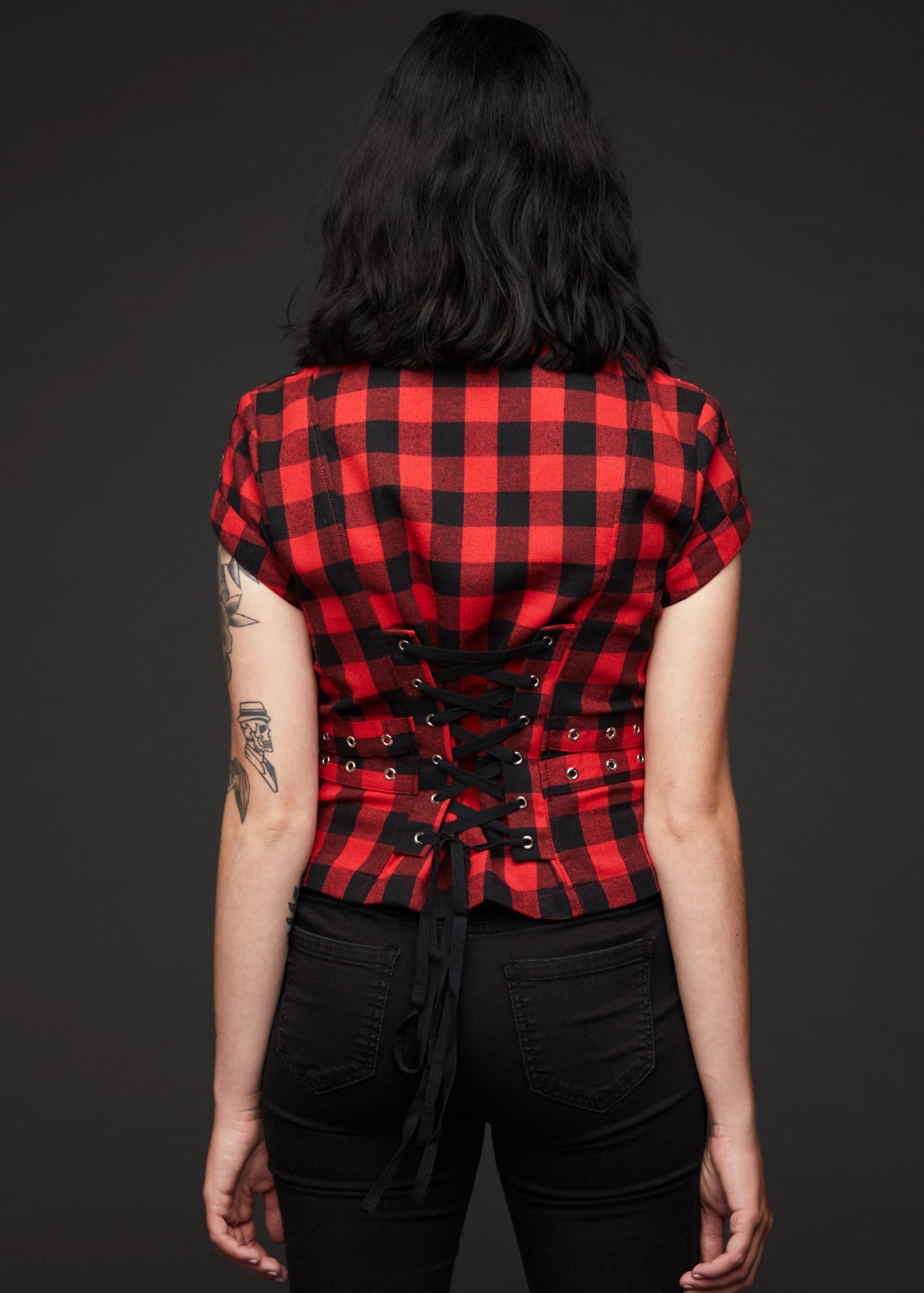 Checkered Short Sleeve Studded Plaid Shirt