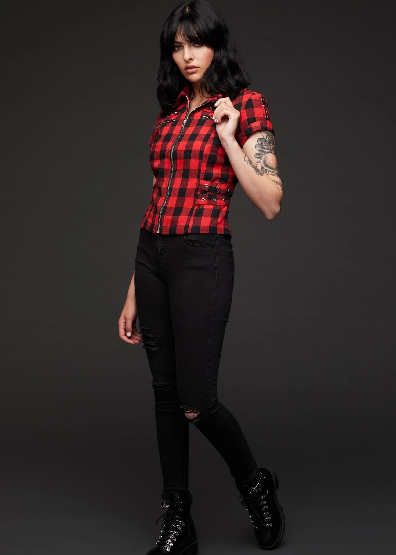 Checkered Short Sleeve Studded Plaid Shirt