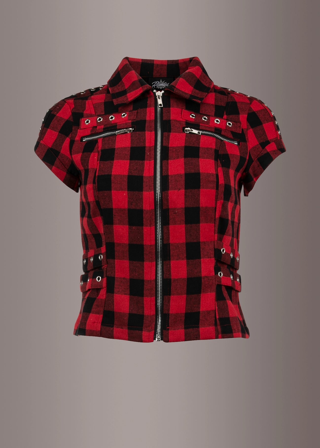 Checkered Short Sleeve Studded Plaid Shirt