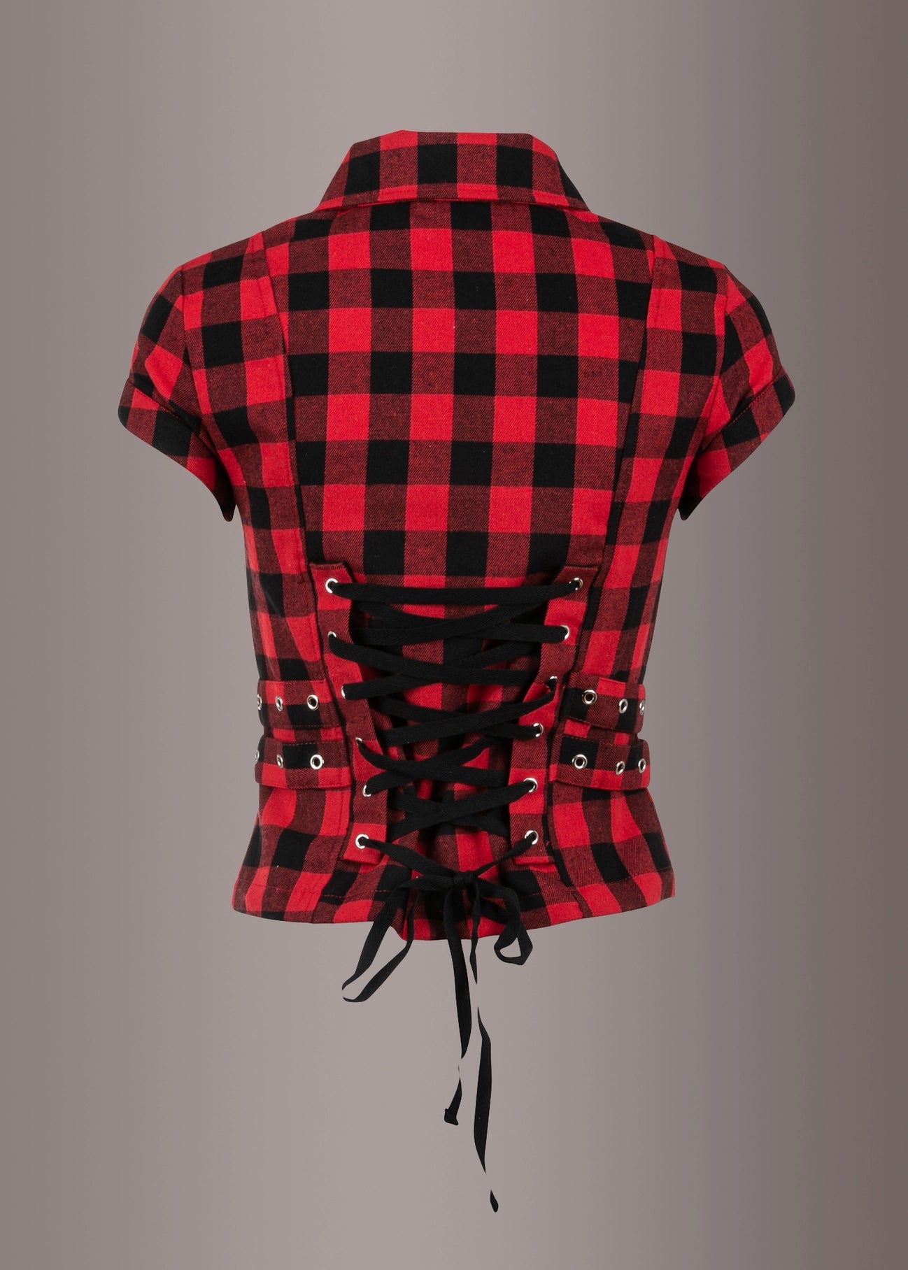 Checkered Short Sleeve Studded Plaid Shirt