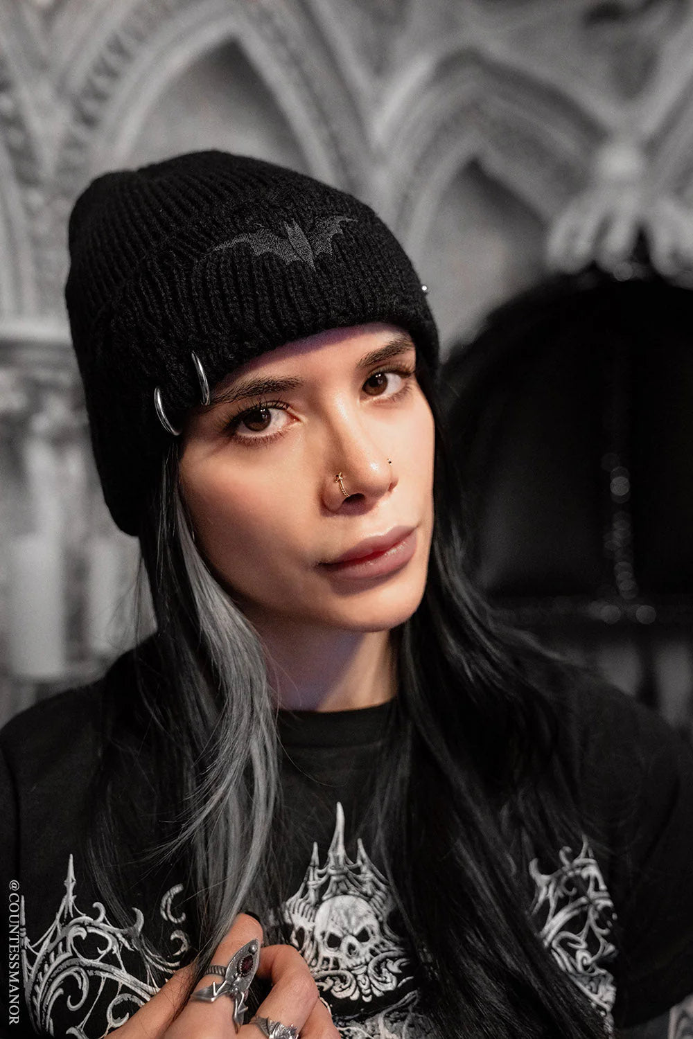 Distressed Pierced Beanie [Black Bat]