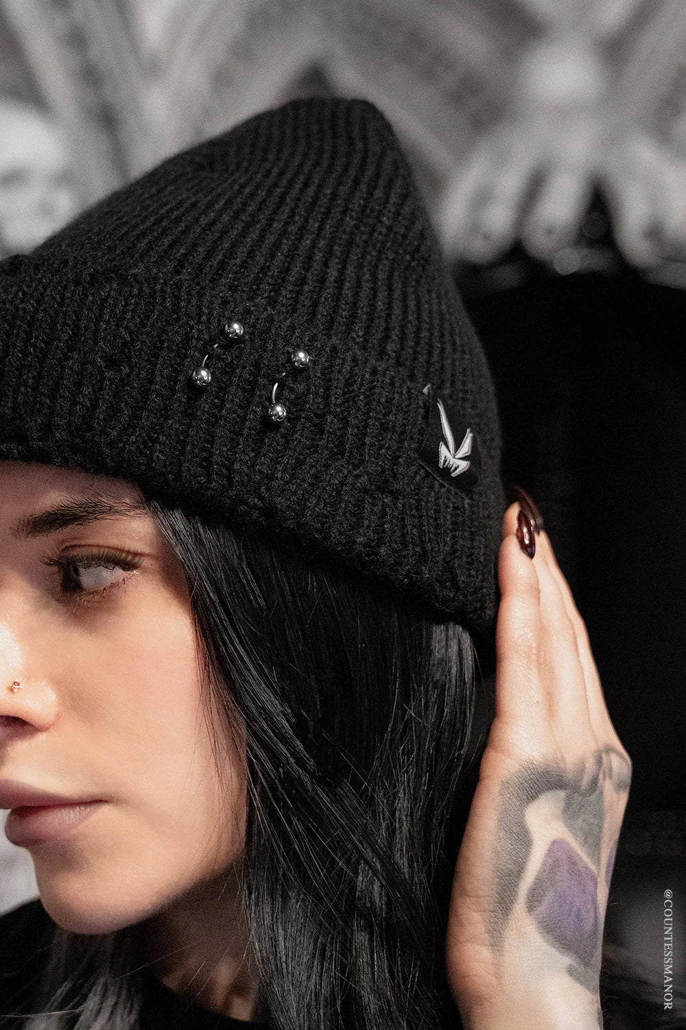 Distressed Pierced Beanie [Black Bat]