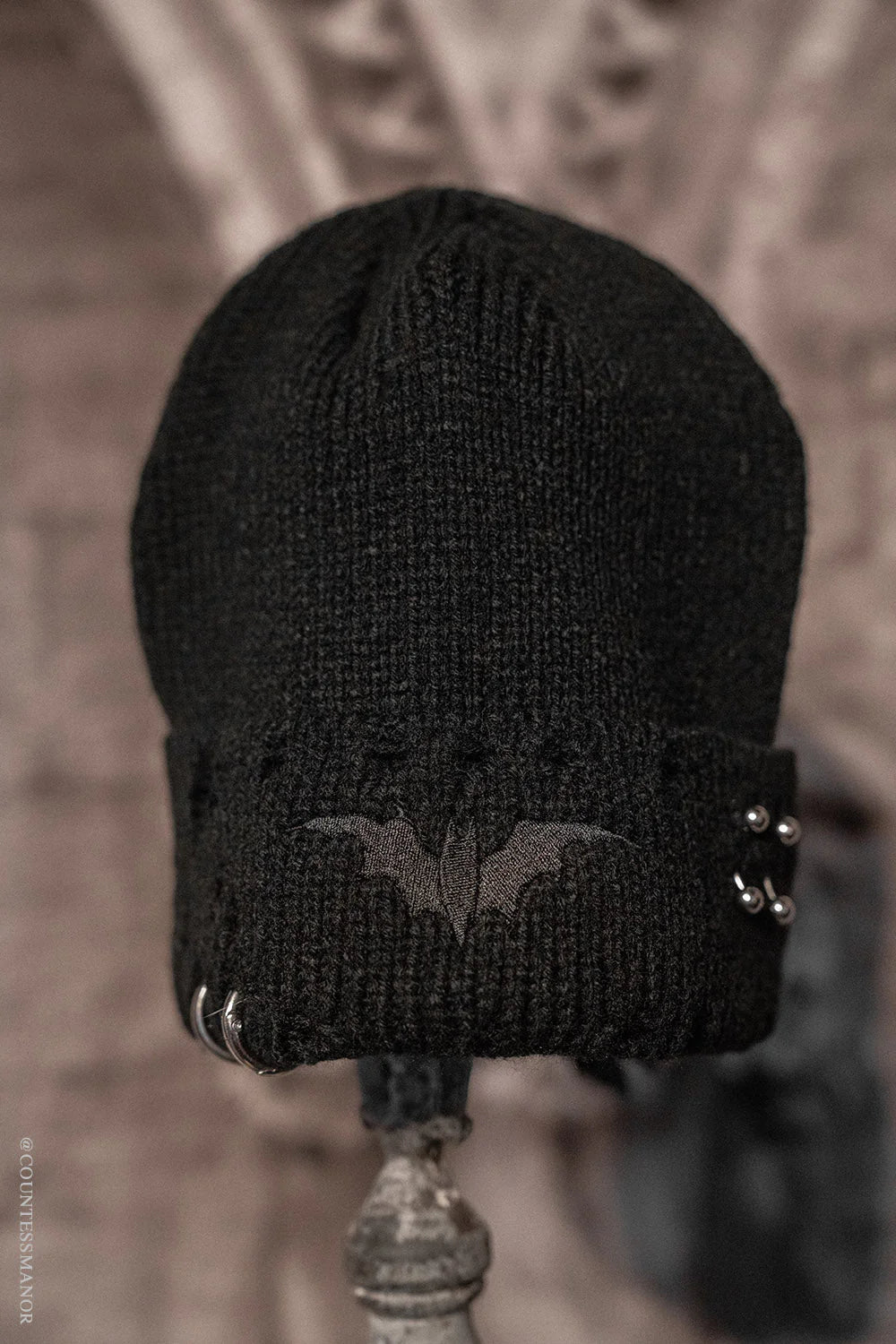 Distressed Pierced Beanie [Black Bat]