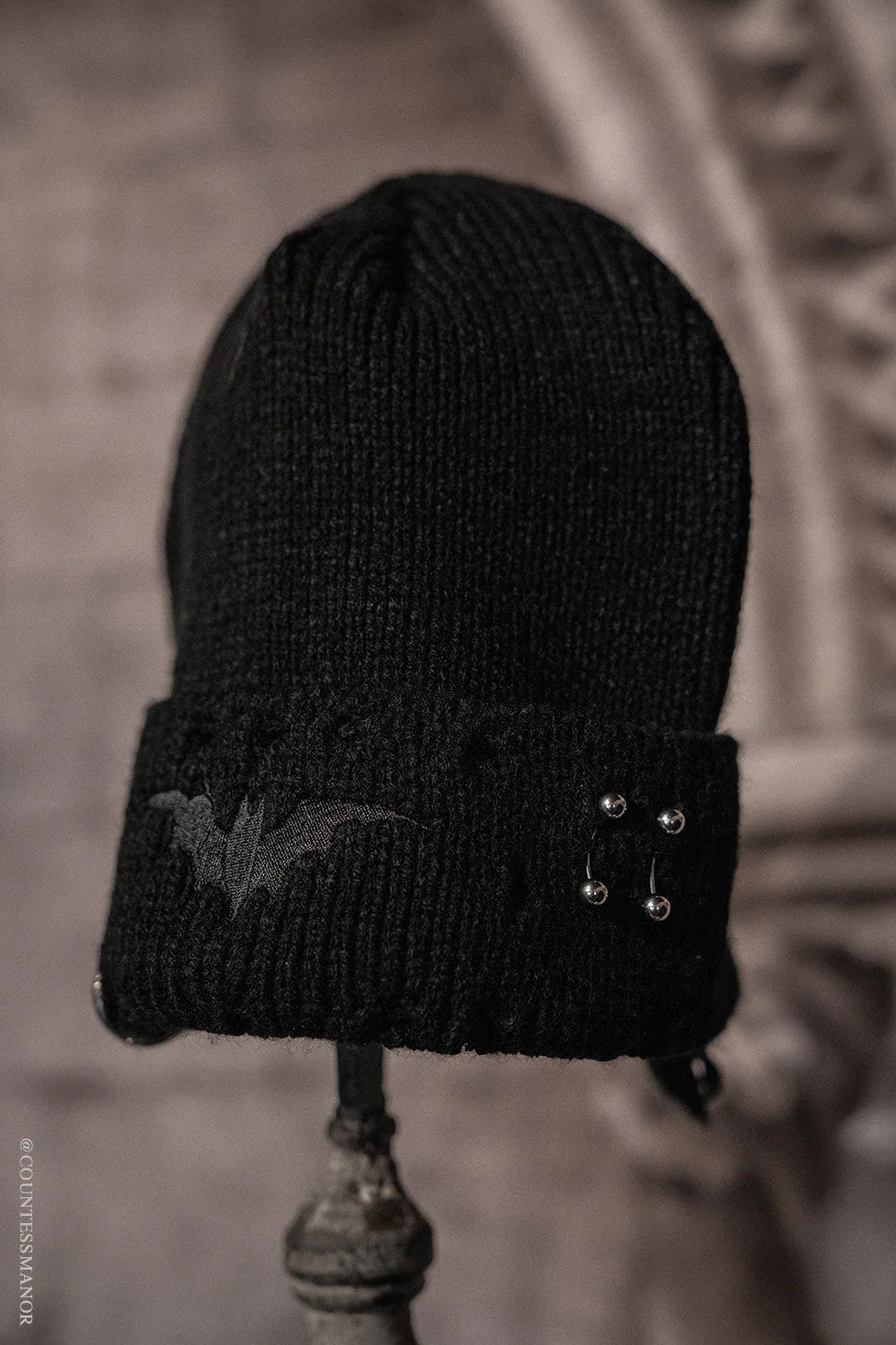 Distressed Pierced Beanie [Black Bat]