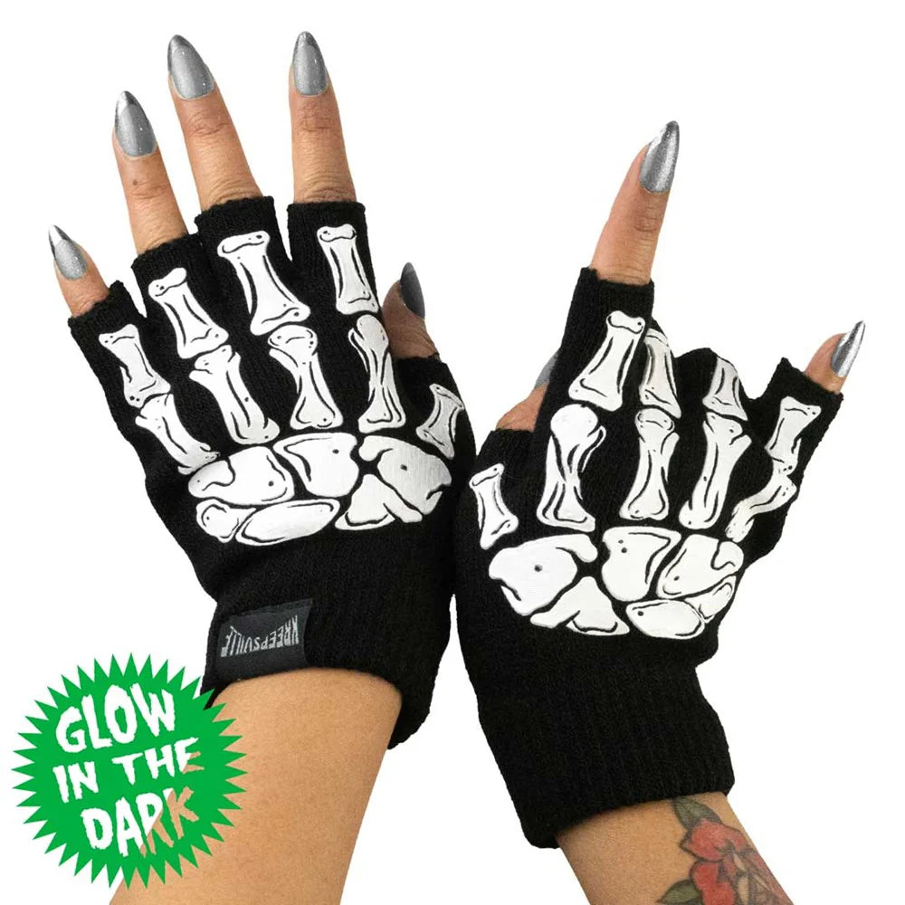 Skeleton Hand Fingerless Glow Knit Gloves