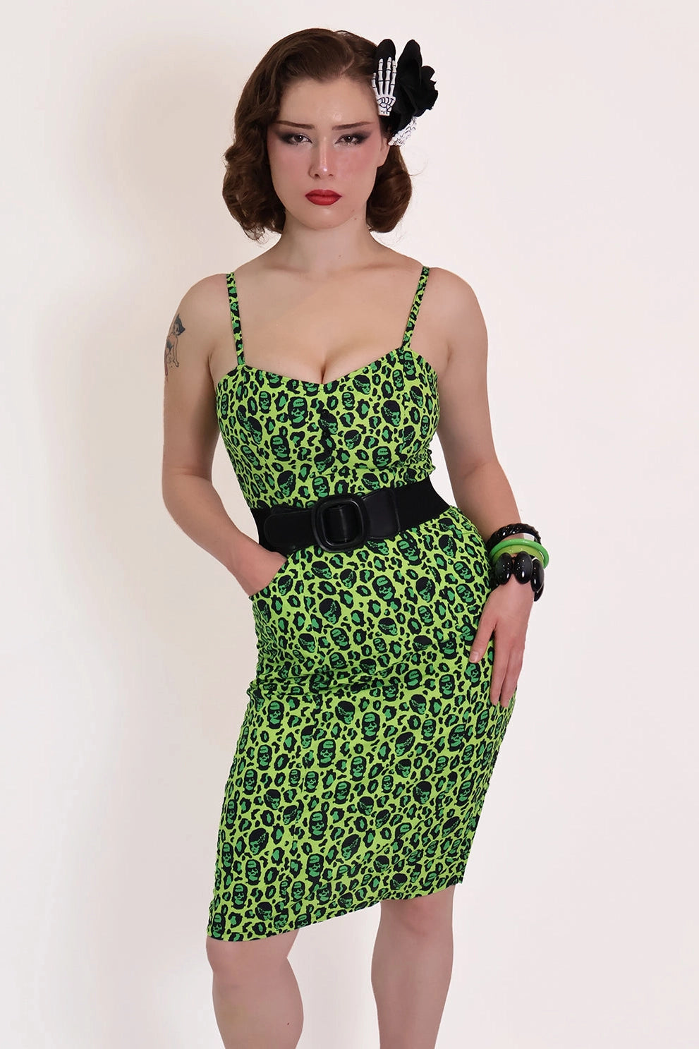 Franken-Leopard Black and Green Leopard Pencil Dress