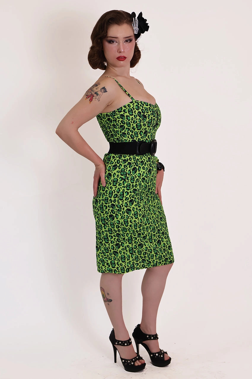 Franken-Leopard Black and Green Leopard Pencil Dress