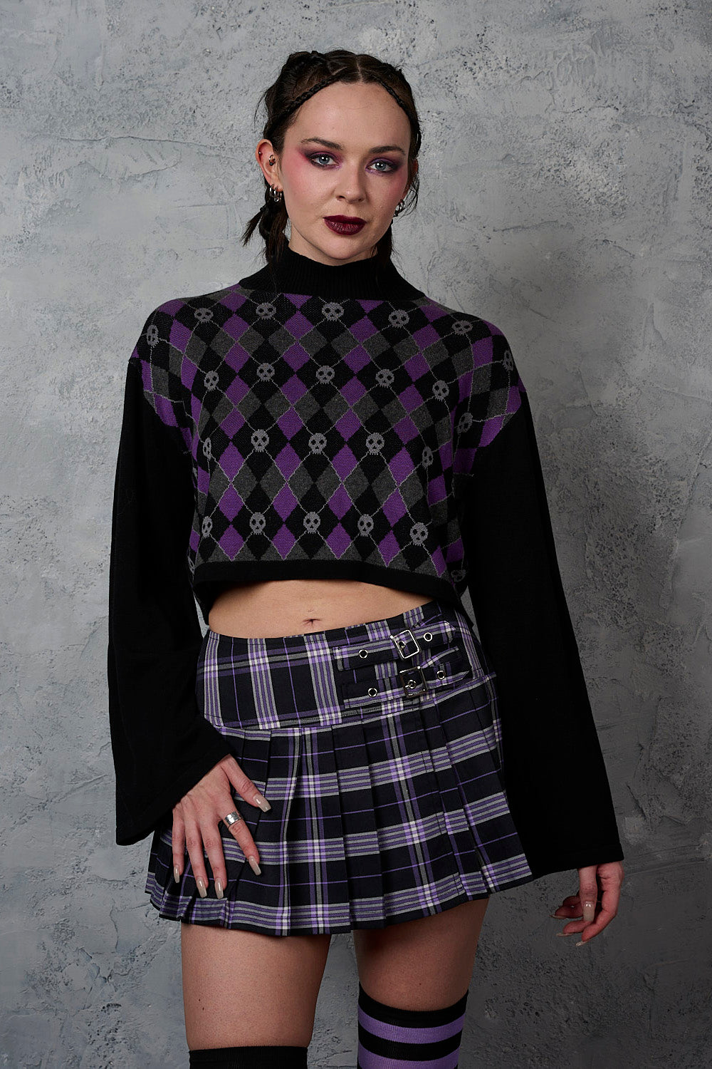Black/Purple Skull Argyle Crop Jumper