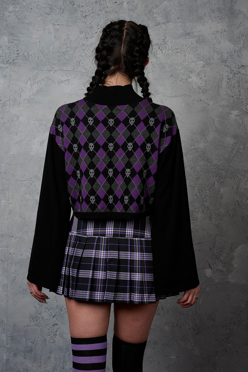 Black/Purple Skull Argyle Crop Jumper