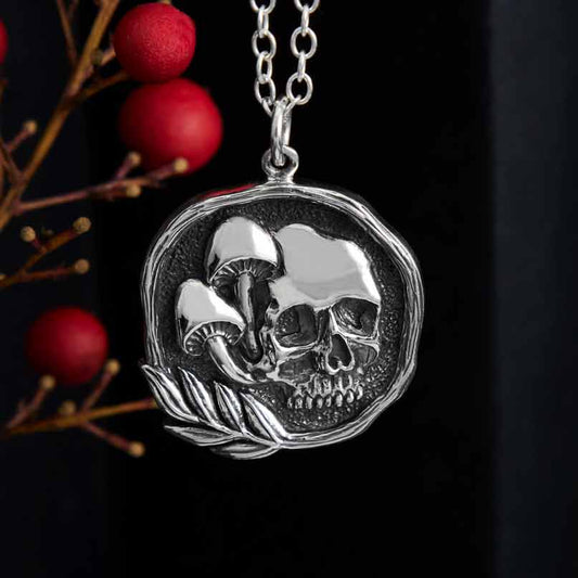 Sterling Silver Skull and Mushroom Charm Necklace