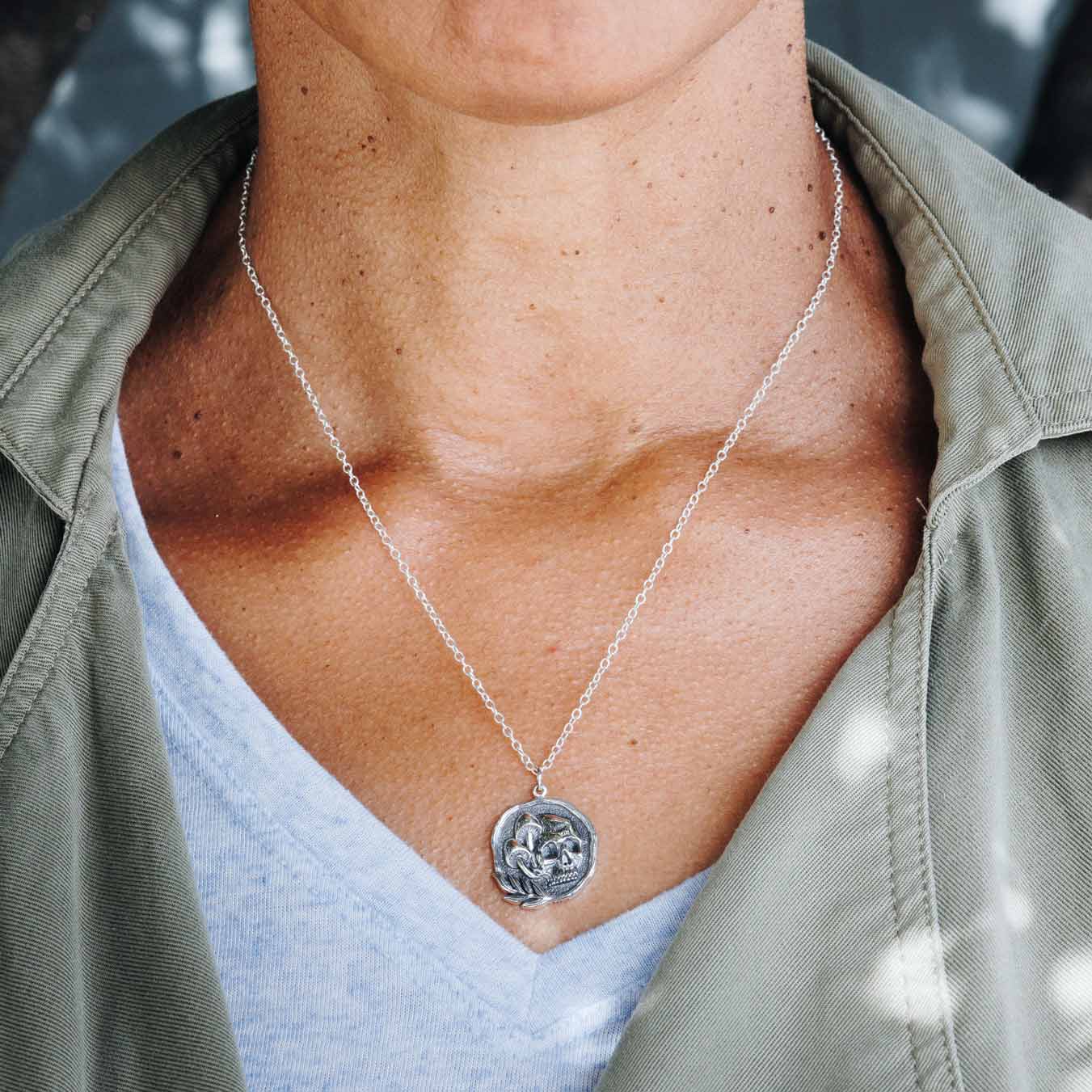 Sterling Silver Skull and Mushroom Charm Necklace