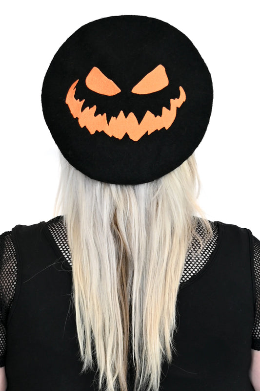 Pumpkin Face Beret - Black