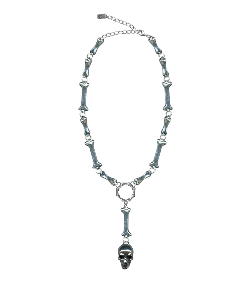 Silver Bone Link Skull Drop Necklace