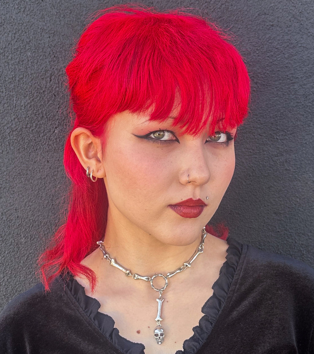 Silver Bone Link Skull Drop Necklace