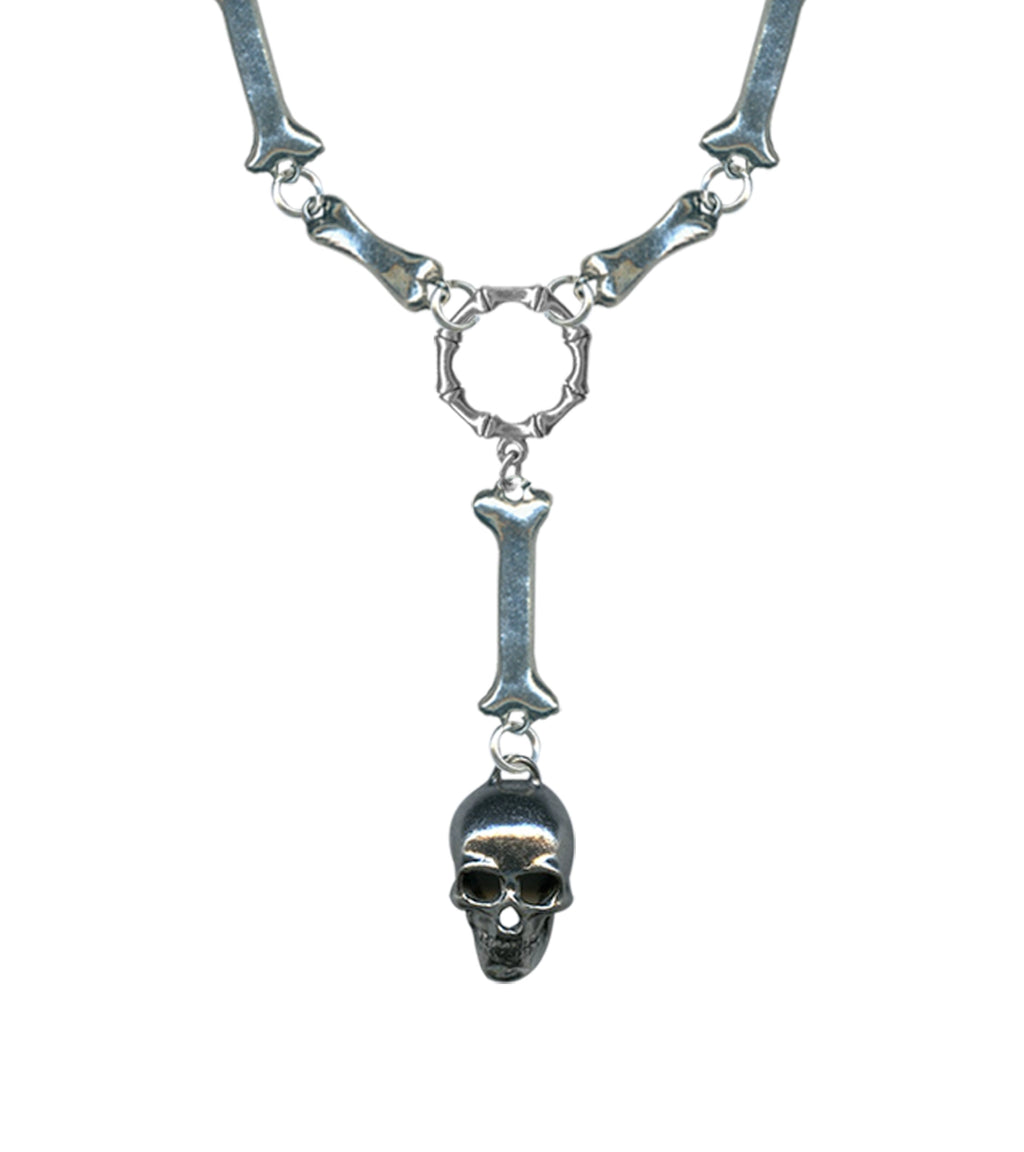 Silver Bone Link Skull Drop Necklace