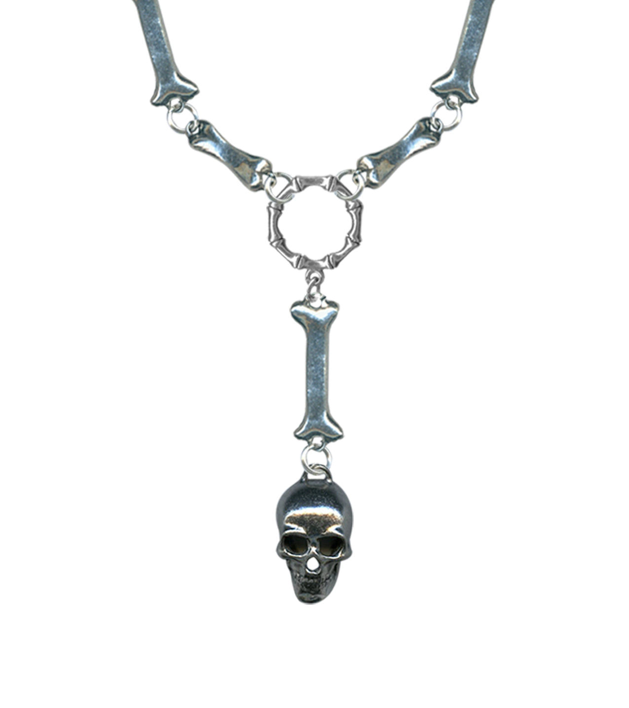 Silver Bone Link Skull Drop Necklace
