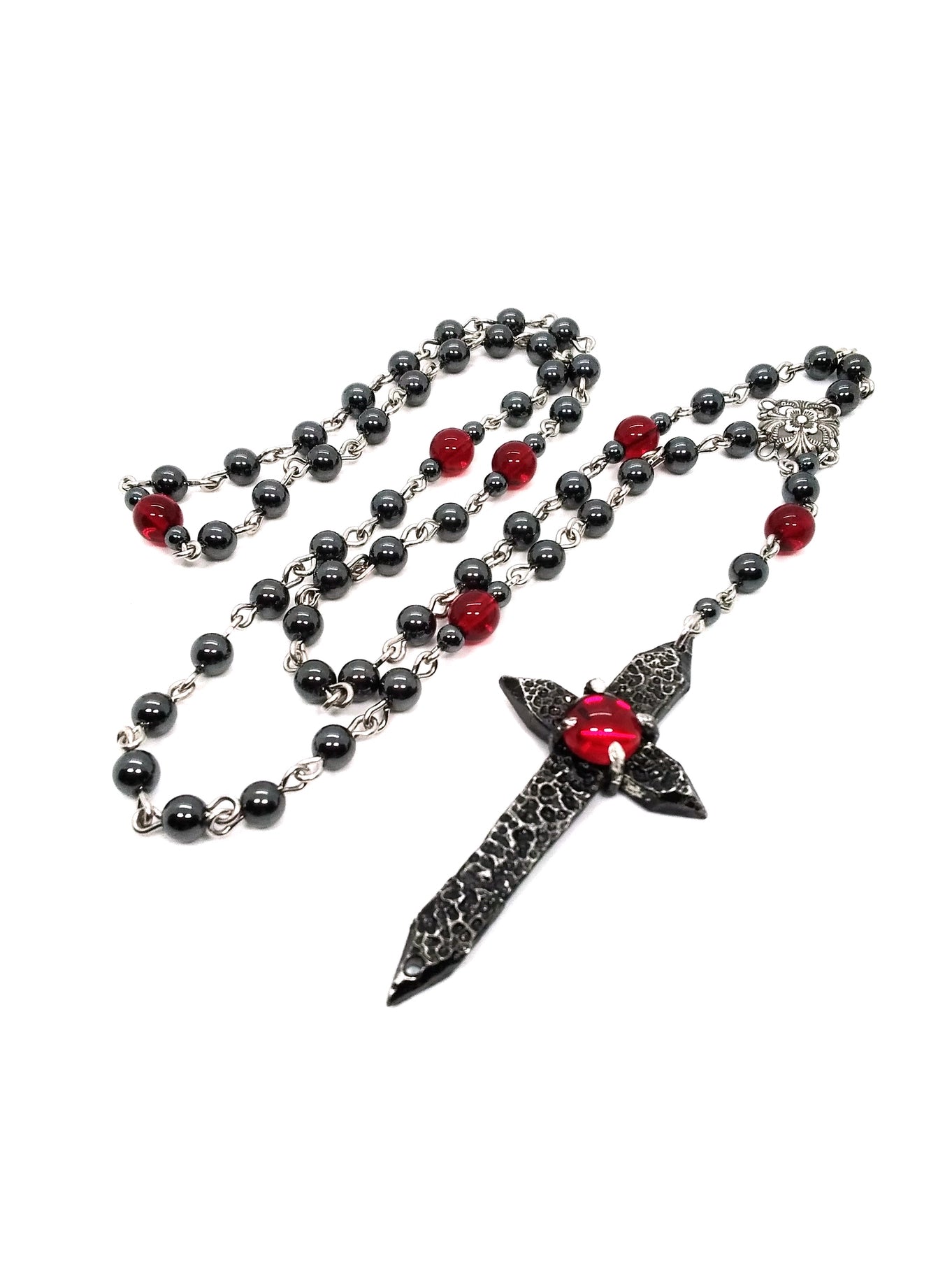 Spiked Cross Rosary - Dark Red