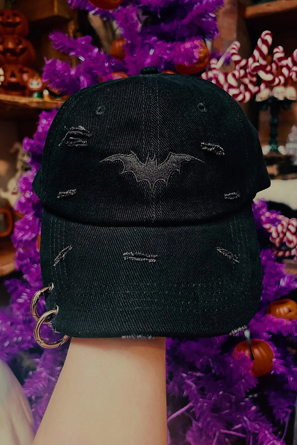 Vampire Bat Pierced Baseball Cap - Black