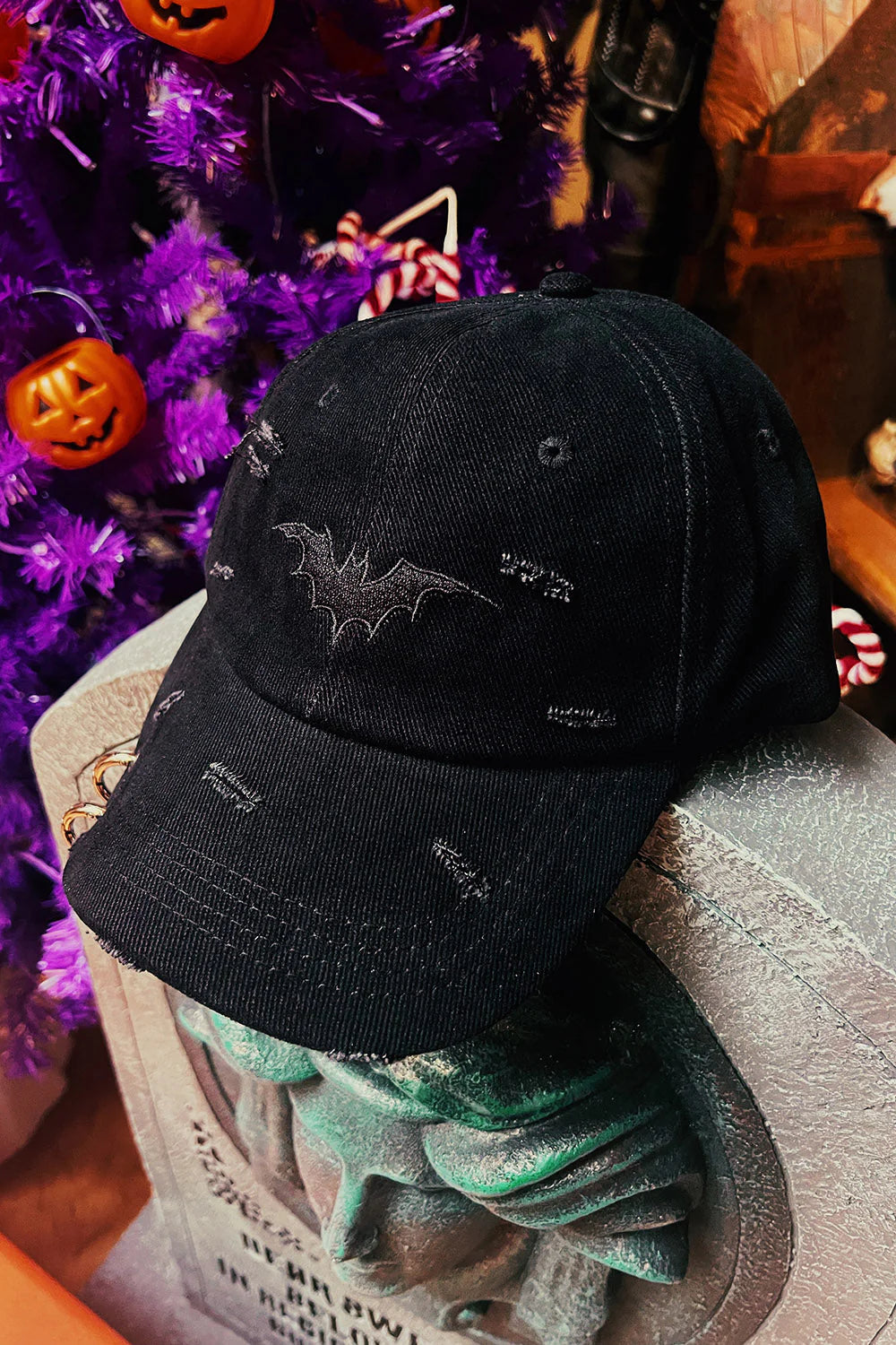 Vampire Bat Pierced Baseball Cap - Black