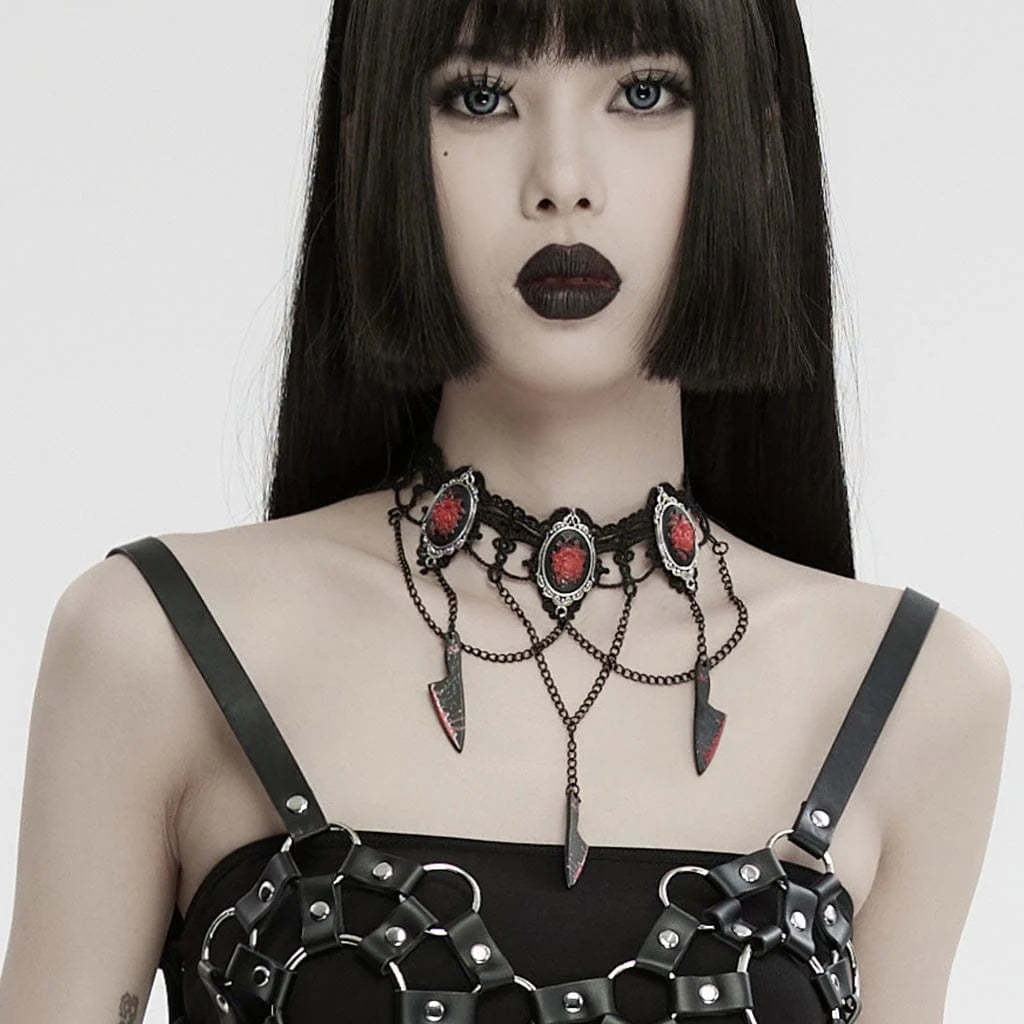 Gothic Knife Rose Embroidered Choker