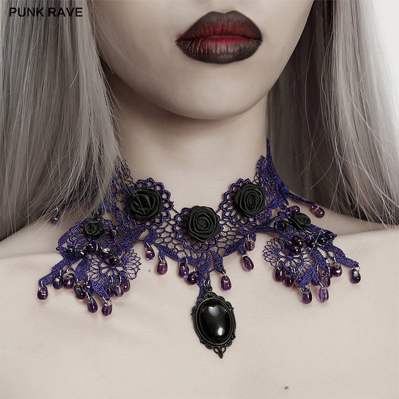 Gothic Rose Beaded Lace Necklace - Purple