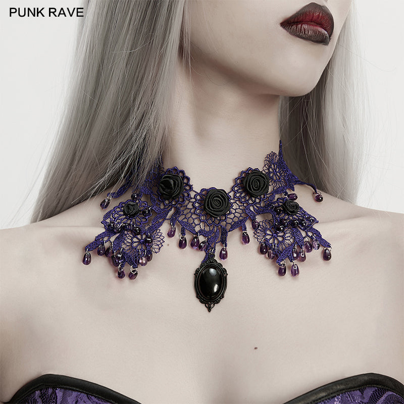 Gothic Rose Beaded Lace Necklace - Purple
