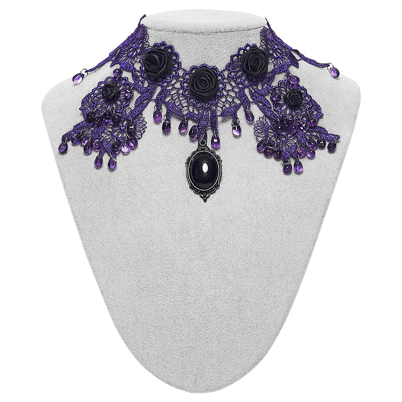 Gothic Rose Beaded Lace Necklace - Purple
