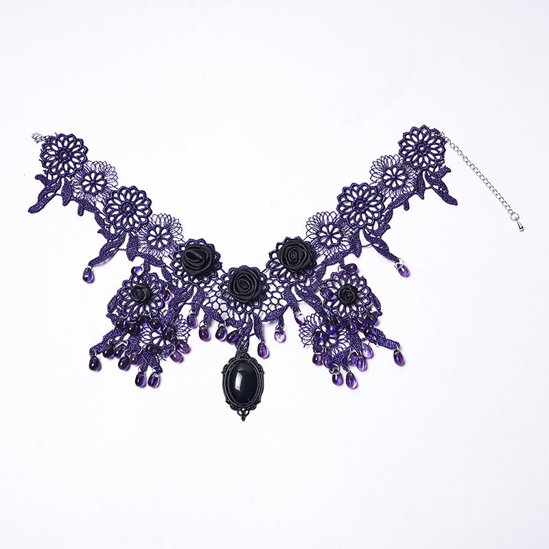 Gothic Rose Beaded Lace Necklace - Purple