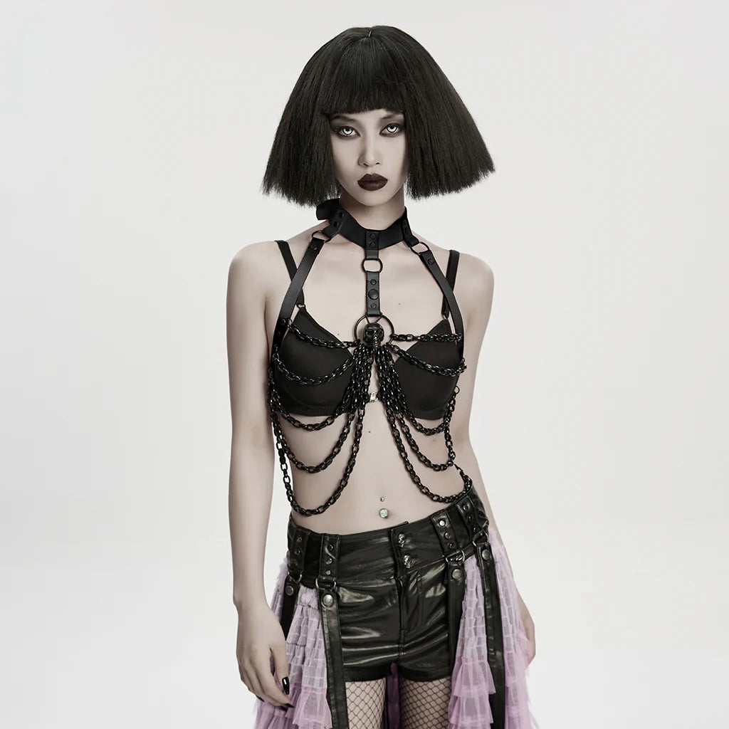 Skull Halterneck Body Harness with Detachable Batwing