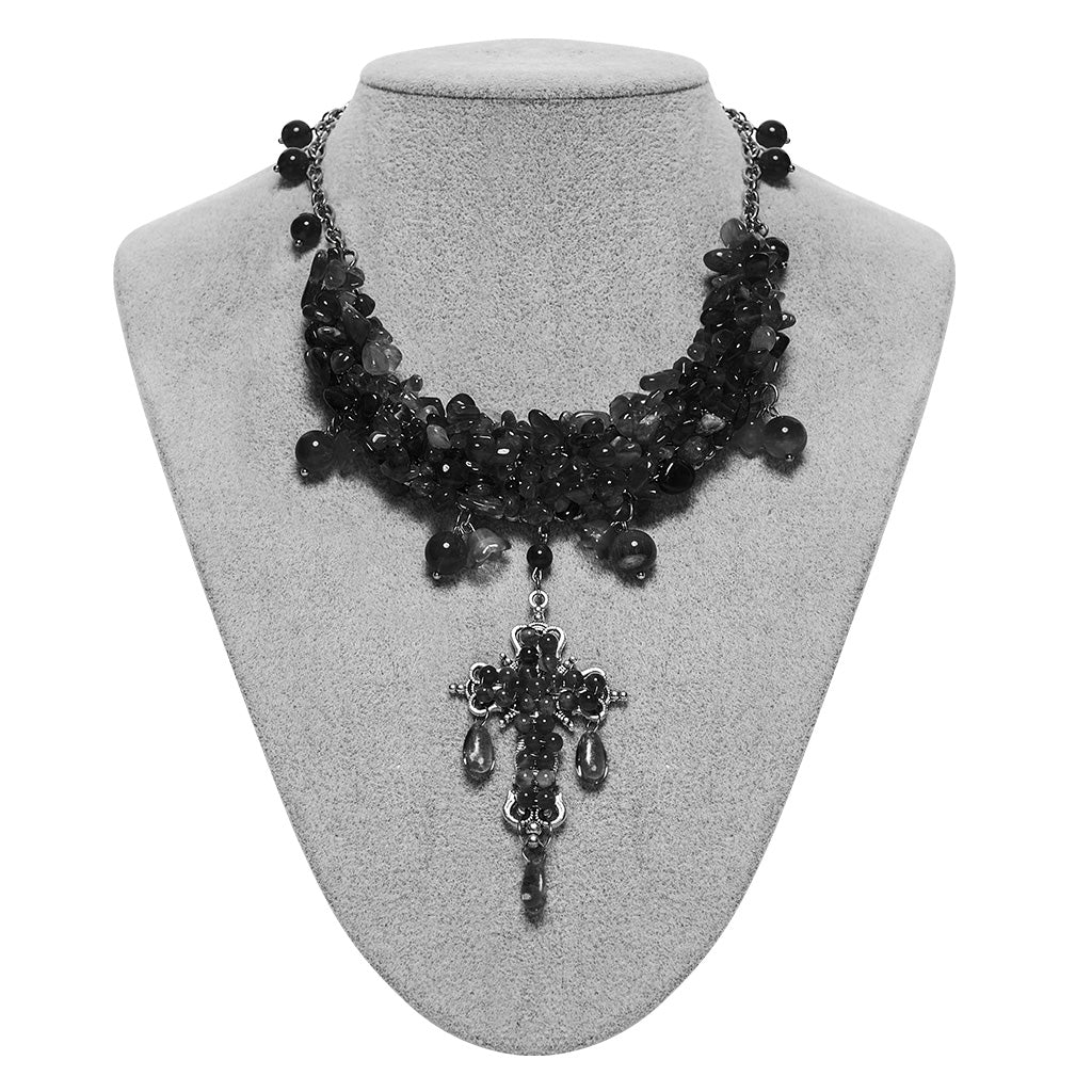 Gothic Cross Beaded Necklace - Black