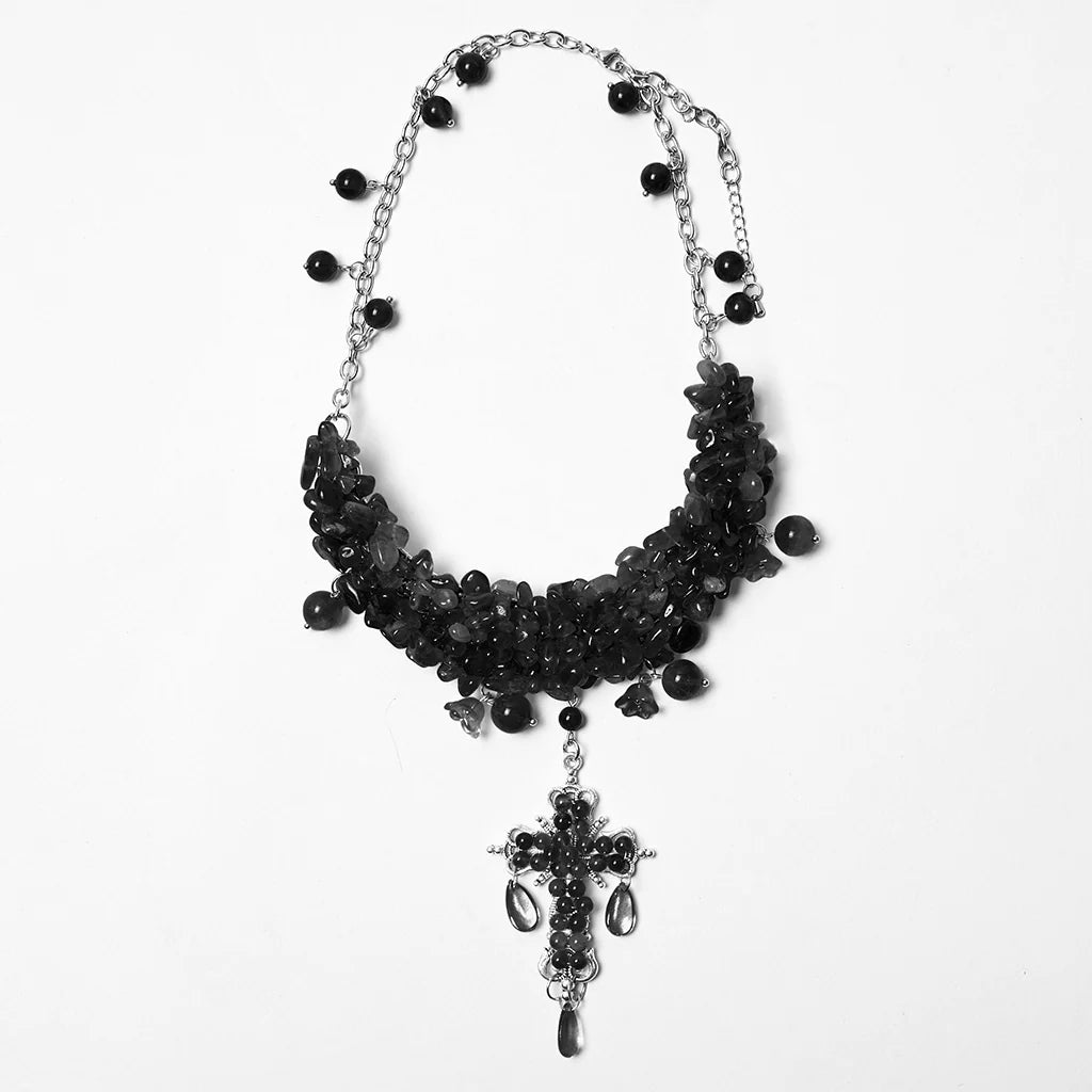 Gothic Cross Beaded Necklace - Black