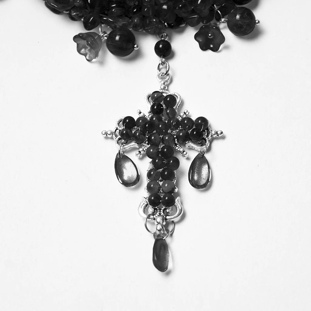Gothic Cross Beaded Necklace - Black